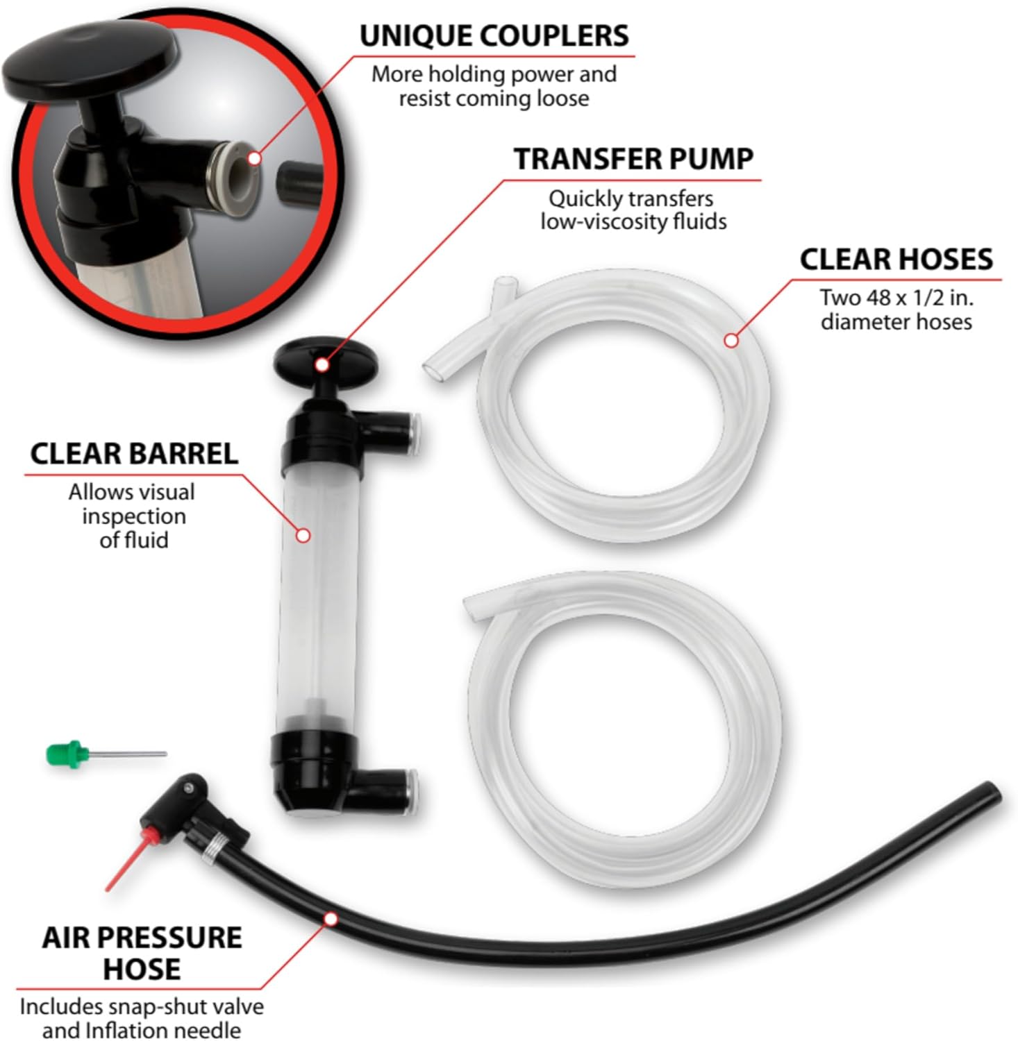 Performance Tool W1156 Grip Clip Transfer Pump/ Siphon Fluid Transfer Pump Kit for Water, Oil, Liquid, and Air, Black/Clear, 48-inch Hoses