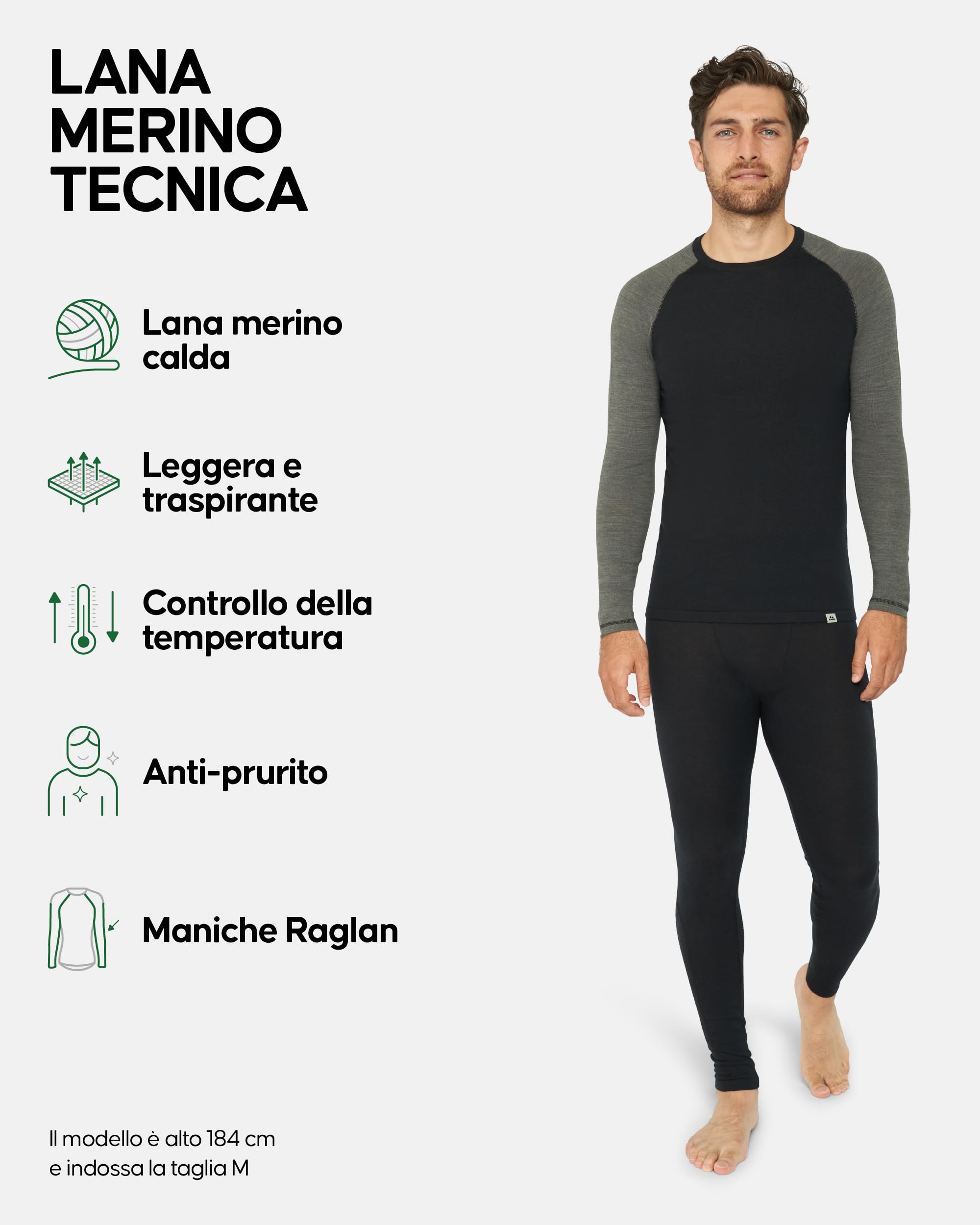 DANISH ENDURANCE Intimo Termico Uomo Lana Merino, Maglia Termica Uomo e Pantaloni Termici, Calzamaglia Termica Uomo Invernale per Sci, Trekking