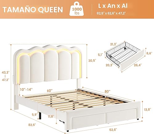 Miniatura 2 de Base de cama LED tapizada tamaño Queen con 2 cajones de almacenamiento y cabecera doble ondulada ajustable, cama de plataforma de princesa de