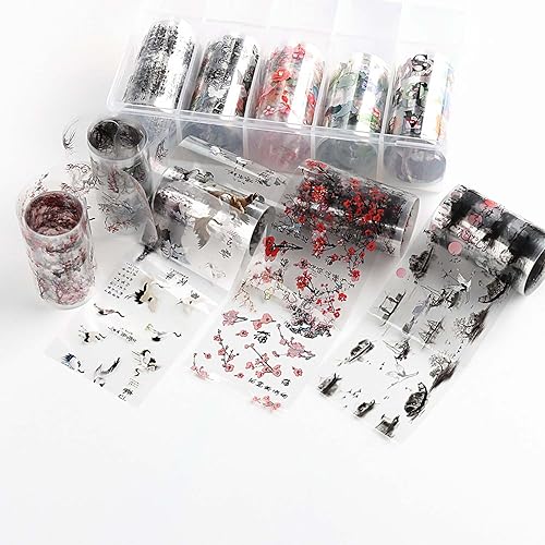 Miniatura 2 de 10 rollos de calcomanías de transferencia de papel de uñas de estilo chino tradicional, pintura de tinta, caracteres chinos, patrón de láminas de