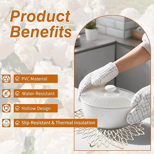 Miniatura 3 de Neween Juego de 4 manteles individuales redondos dorados y metálicos, lavables, 8 piezas a juego, diseño de hojas de vinilo prensadas redondas,