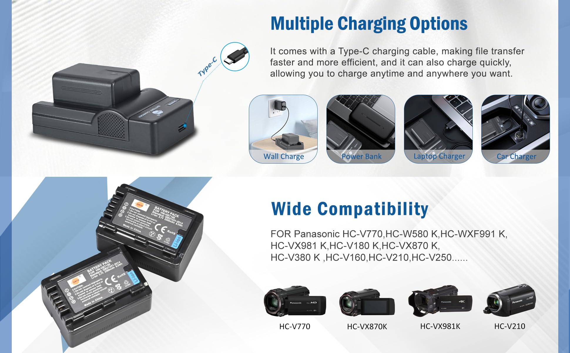 DSTE 2-Pack VW-VBT190 Batterie et Chargeur Compatible pour Panasonic HC-V270GK HC-V380GK HC-V210GK HC-V210MGK HC-V520GK HC-V520MGK HC-V720GK