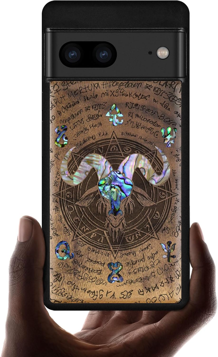 Carveit Designer Wooden Case for Google Pixel 7 Case Protective Cover [Wood Engraving & Shell Inlay] Compatible with Wireless Chargers Pixel 7 (Horned Goat-Walnut)