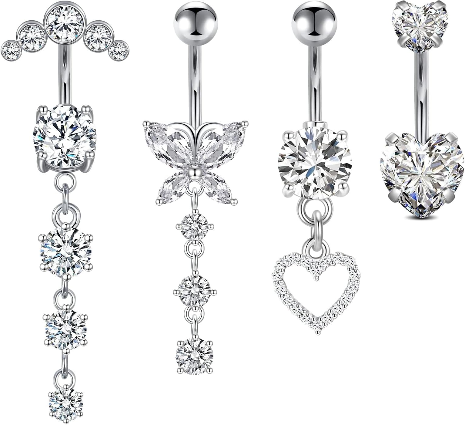 14G Dangle Belly Button Rings Set Navel Piercing Jewelry - Smooth Edges for Summer Outfits, 1.6mm Silver Tone CZ Butterfly Heart Flower Rings 5 Pcs