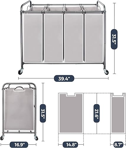 Miniatura 6 de STO STO Clasificador de ropa sucia de 4 secciones, 4 bolsas, carrito de lavandería rodante, cesta de lavandería con ruedas resistentes y bolsa