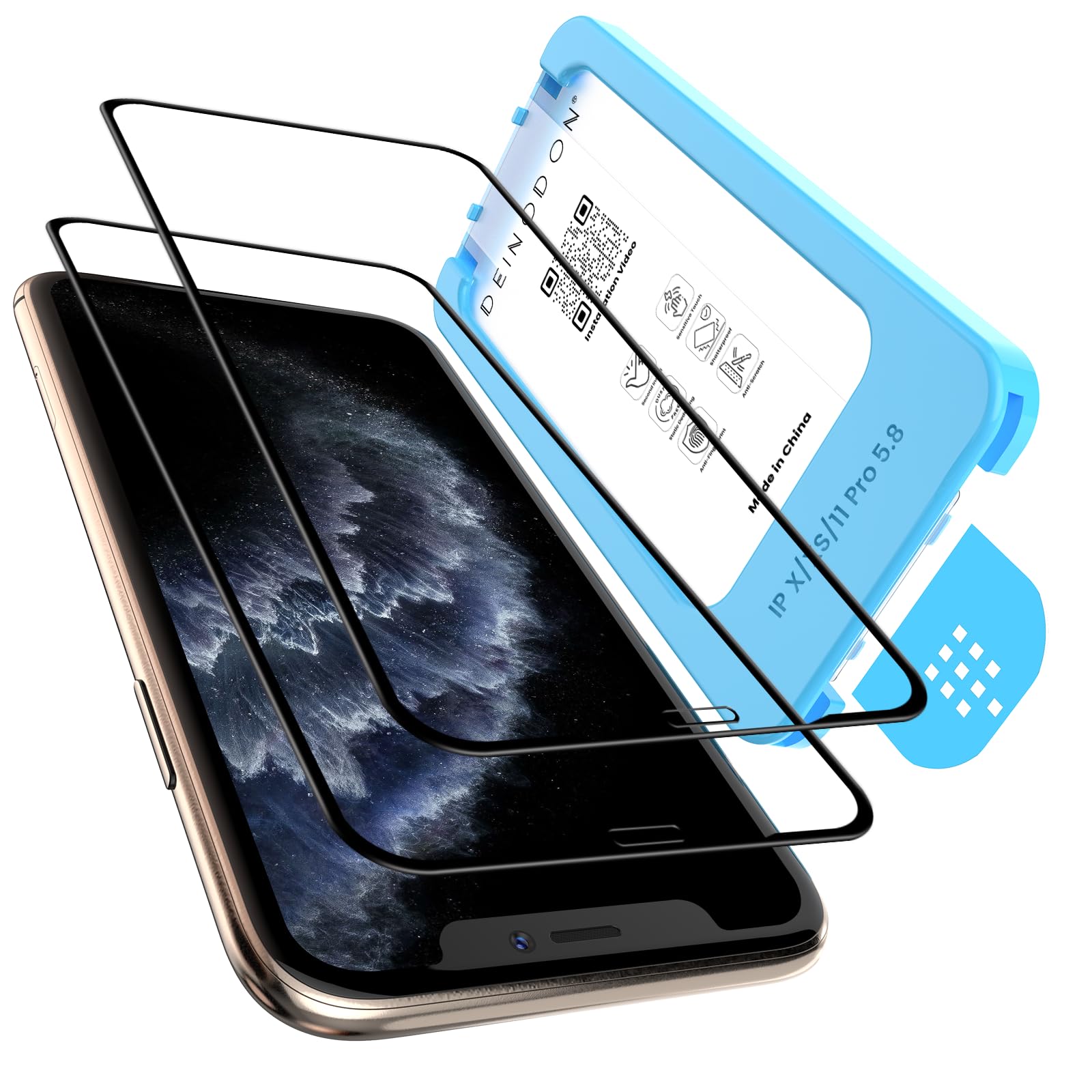 DEINODON Panzerglas für iPhone 11 Pro/XS/X [Auto-Montage] 100% Blasenfrei | Full Screen Schutzfolie, 9H+ Top Bruchsicherheit, Präzise Passform, Kratzfest Anti-Fingerabdruck, Hüllen Kompatibel, 2 Stück