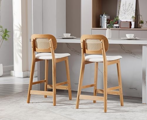 Miniatura 9 de Shunzhi Juego de 2 taburetes de bar de ratán con respaldo de bastón, sillas de bar tapizadas para pubbar en casa, 26 pulgadas, color crema
