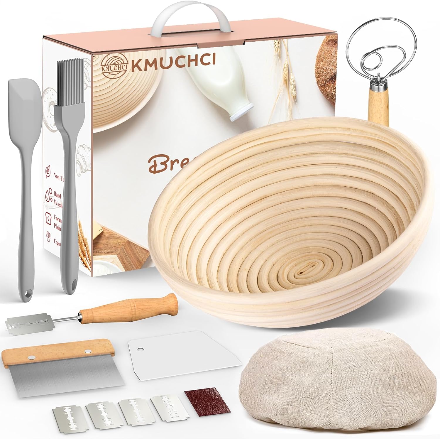 Bread Proofing Basket Set - Premium Sourdough Starter Kit with Bread Making Tools, Silicone Spatula, Lame, Dough Scraper, Linen Liner, Dough Whis and Basting Brush - Banneton Basket Gift Set