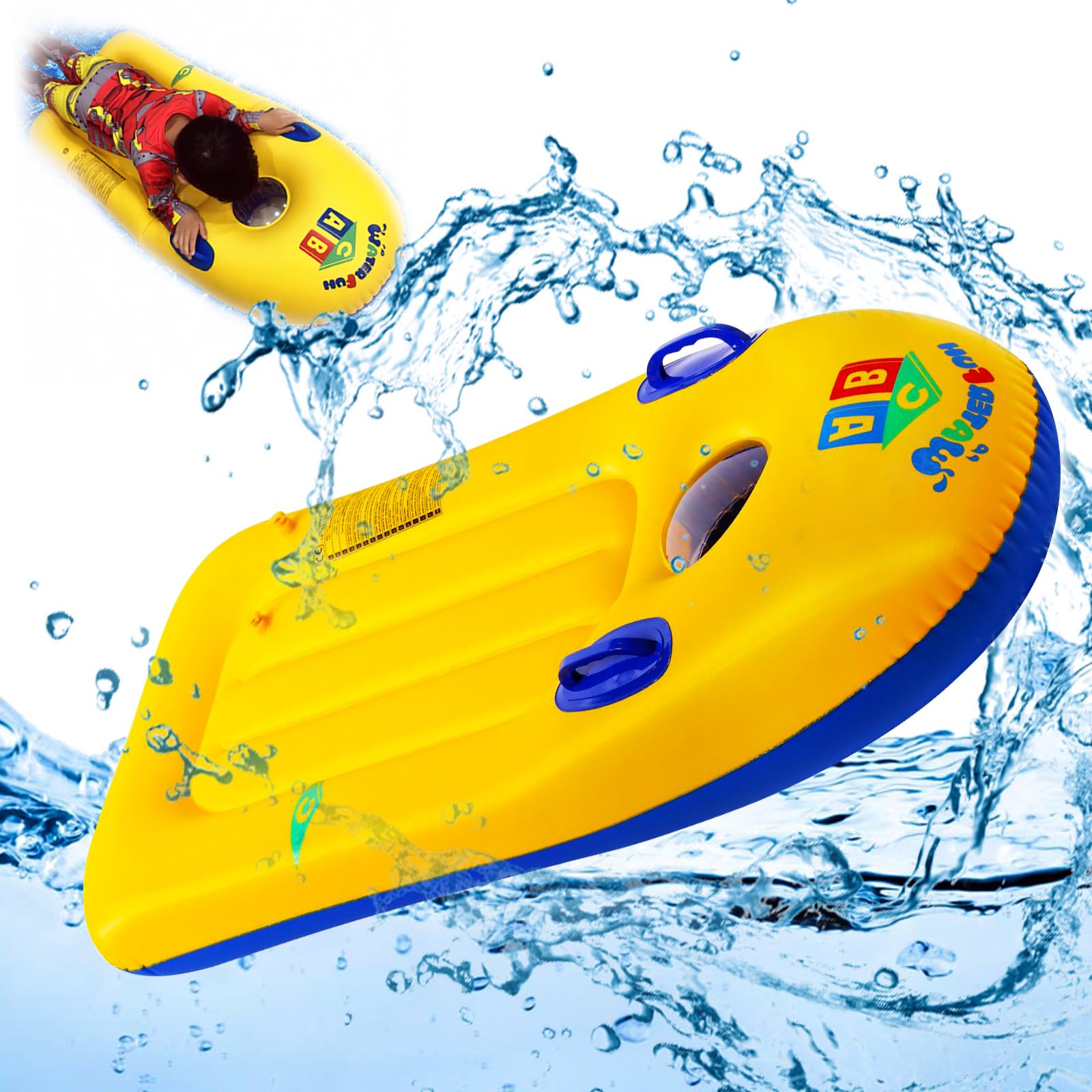 Bodyboard Hinchable, ZoneYan Tabla Bodyboard Niño con Asas, Tabla de Surf Hinchable con Ojo de Buey, Tabla de Natación Infantil para Playa de Verano, Piscina, Tobogan de Agua - 110 x 48cm