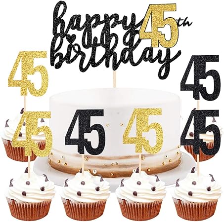 Amazon Co Jp Lveud ハッピーバースデーケーキトッパー ブラックフォント ゴールデン数字 45歳の誕生日 ハッピーケーキトッパー デジタル45枚 ペーパーカップケーキトッパー 誕生日パーティーデコレーション 1 6 45 ホーム キッチン