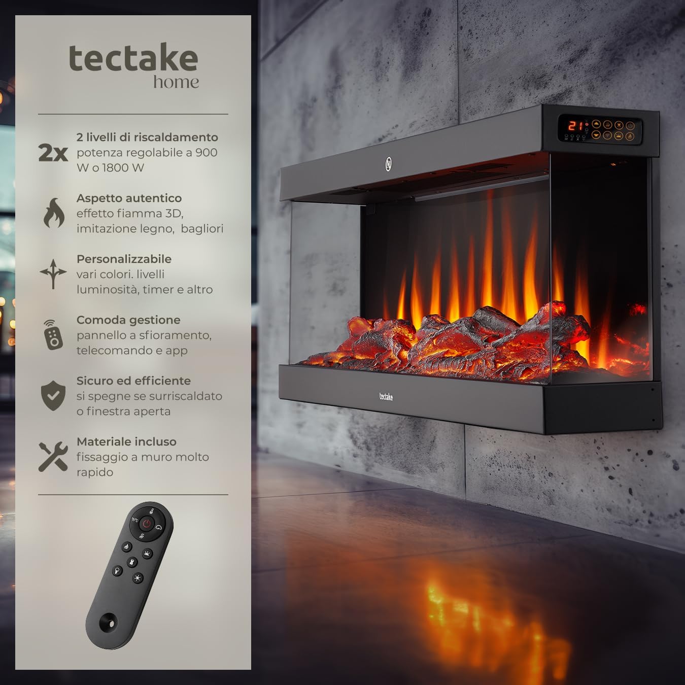 Image of the TecTake electric fireplace highlighting its features: 2 heating levels, 3D flame effect, customization, smart control, safety features, and easy mounting.