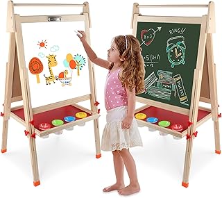 Wooden Art Easel Double-Sided Whiteboard & Chalkboard Adjustable Standing Easel with Paper Roll Holder,Letters,Numbers Magnets and Other Accessories for Kids