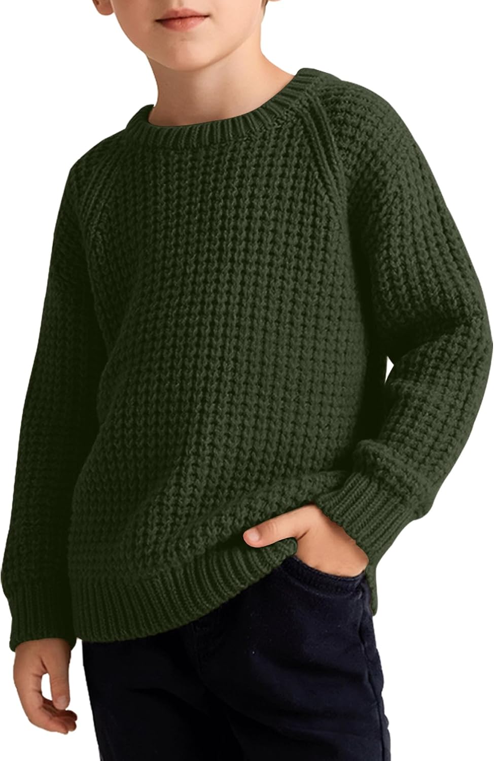 Boys' Waffle Sweater Thermal Thick Chunky Knit Tops 5-13 Years Crewneck Long Sleeve Shirts Casual Kids Pullover
