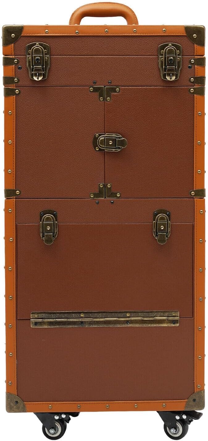 Rolling Makeup Case, Cosmetic Organizer Trolley Train Case with Keys, Large Storage Swivel Wheels Salon Barber Traveling Trunk for Make Up Hairstylists Nail Tech (Coffee with 2Keys)