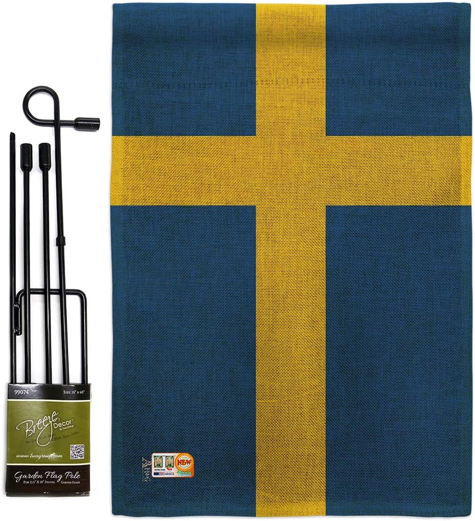 Sweden Burlap Garden Flag Set with Stand Regional Nationality Nation International World Country Particular Area Small Decorative Gift Yard House Banner Double-Sided Made In USA 13 X 18.5