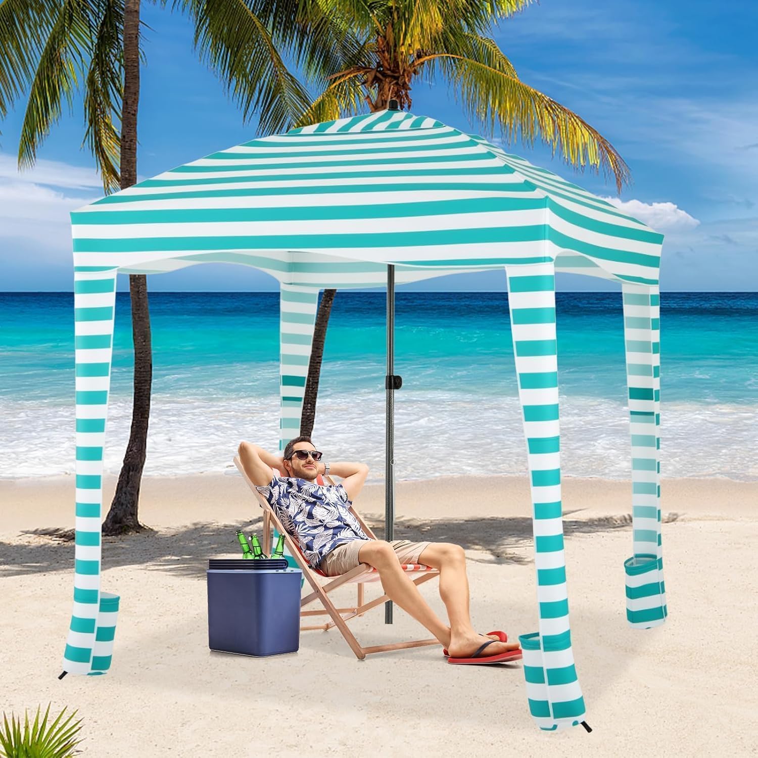 RELAX4LIFE Tienda de Campaña para Playa Plegable 183x183 cm con Altura Ajstable 215-240cm, Toldo con Bolsa, Pared Lateral Desmontable, 8 Bolsas de Arena y Tienda Portátil para Playa/Camping (Turquesa)