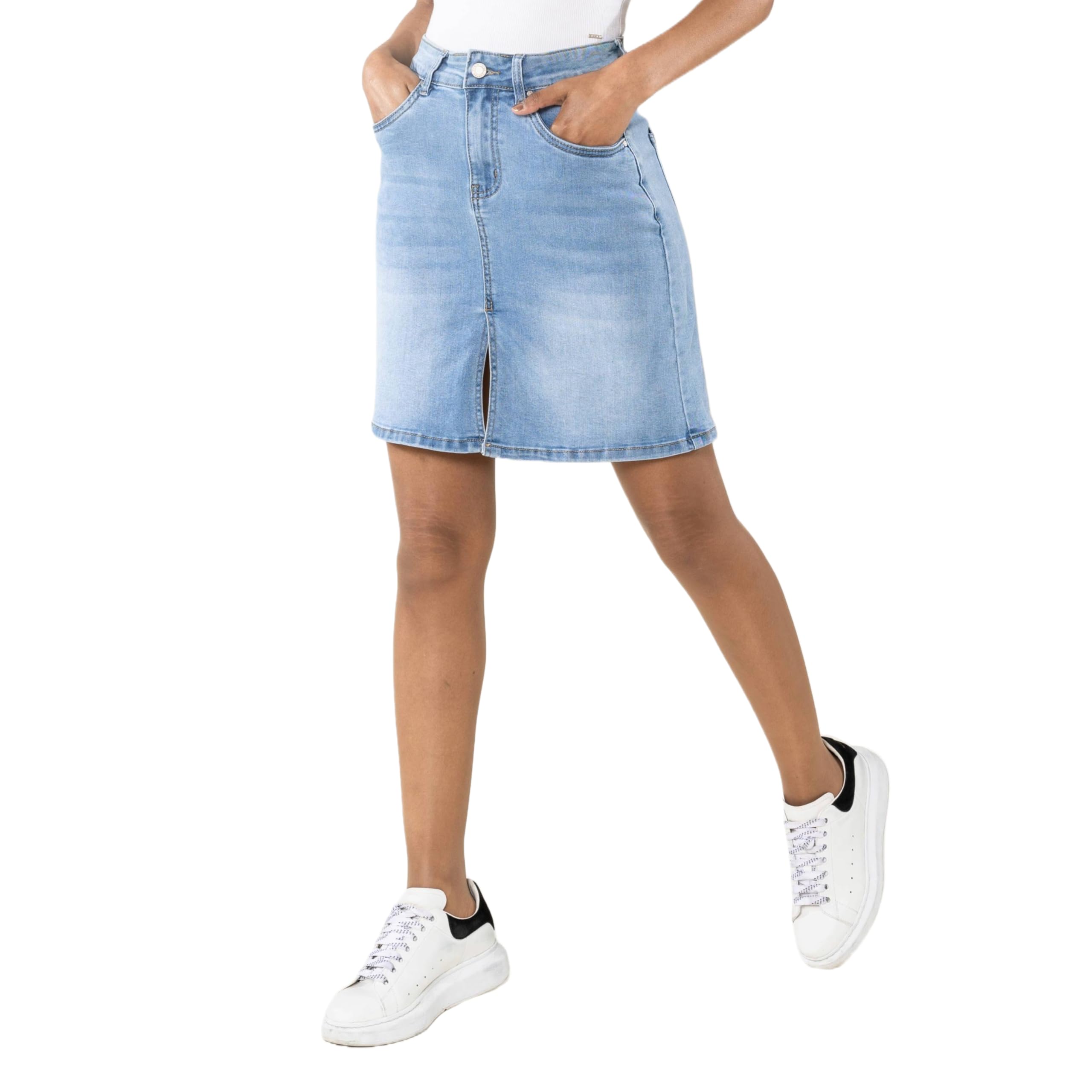 Nina Carter P213 Jupe courte en jean pour femme avec fente avant et fermeture éclair Aspect usé