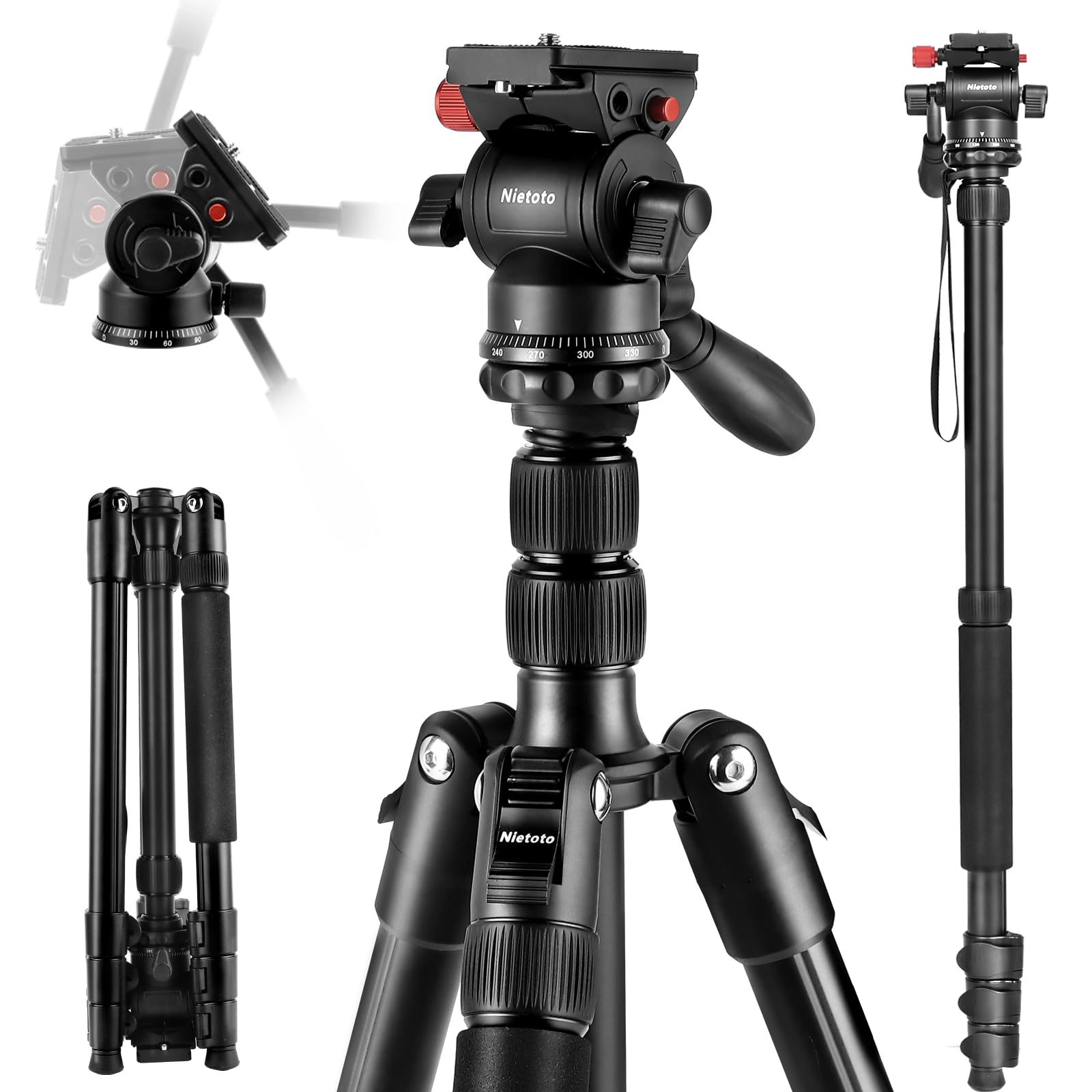 Nietoto 68 Camera Tripod Monopod with Fluid Head Portable Video Tripod Aluminum Heavy Duty Tripod with Carry Bag