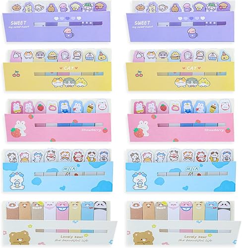 Paquete de 10 marcapáginas de animales lindos, bloc de notas adhesivas, 5 estilos, marcadores autoadhesivos para oficina, escuela, 120