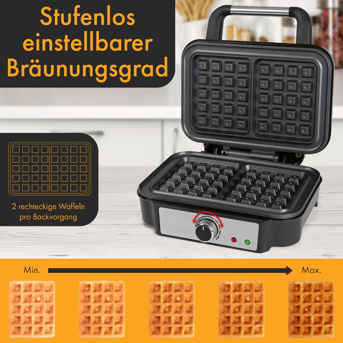 ProfiCook Plancha para gofres belgas con 2 superficies para hornear, 1000 vatios de acero inoxidable con revestimiento antiadherente, grado de bronceado variable, PC-WA 1240