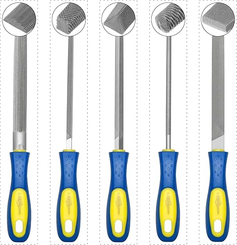 Miniatura 5 de YKLP Juego de limas de agujas (acero al carbono, 5 piezas) de acero de aleación endurecido, el juego incluye lima plana, cuadrada, triangular,