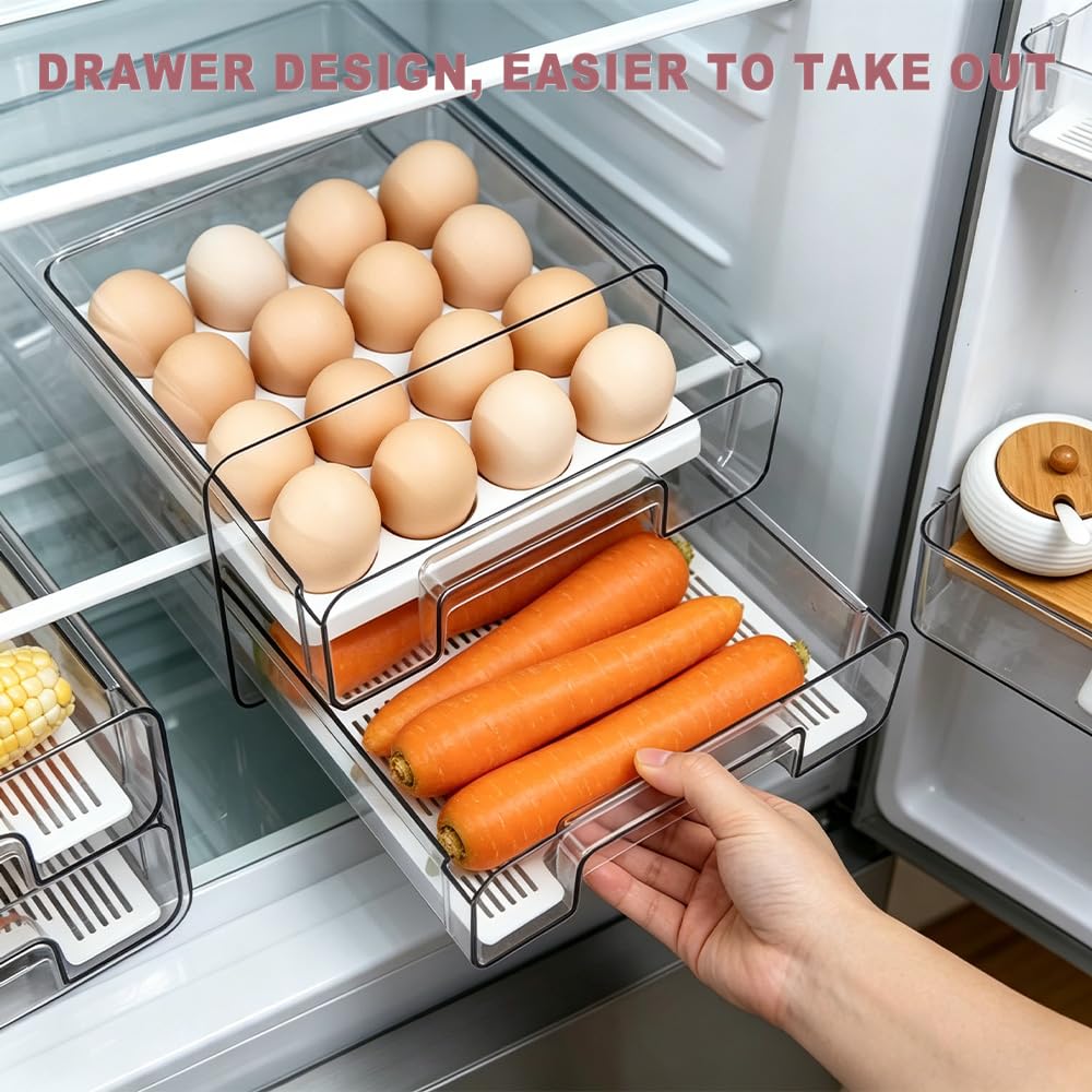 Kühlschrank Organizer Schublade 1 Stück, Doppelschichtige Fridge Organizer Stapelbar und Wiederverwendbar, Speisekammer Durchsichtig für Wurst, Küche, Gefrierschrank und Vorratsschrank Organizer