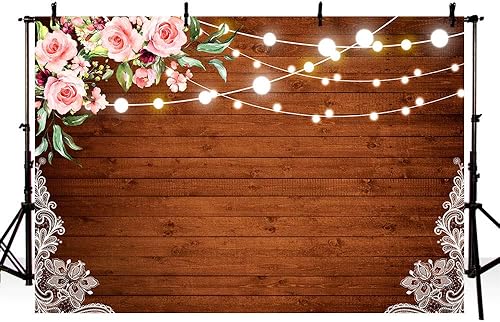 MEHOFOTO Fondo rústico de 8 x 6 pies con encaje blanco rústico, flores rosadas, madera marrón oscuro, luces brillantes, fondo de fotografía floral,