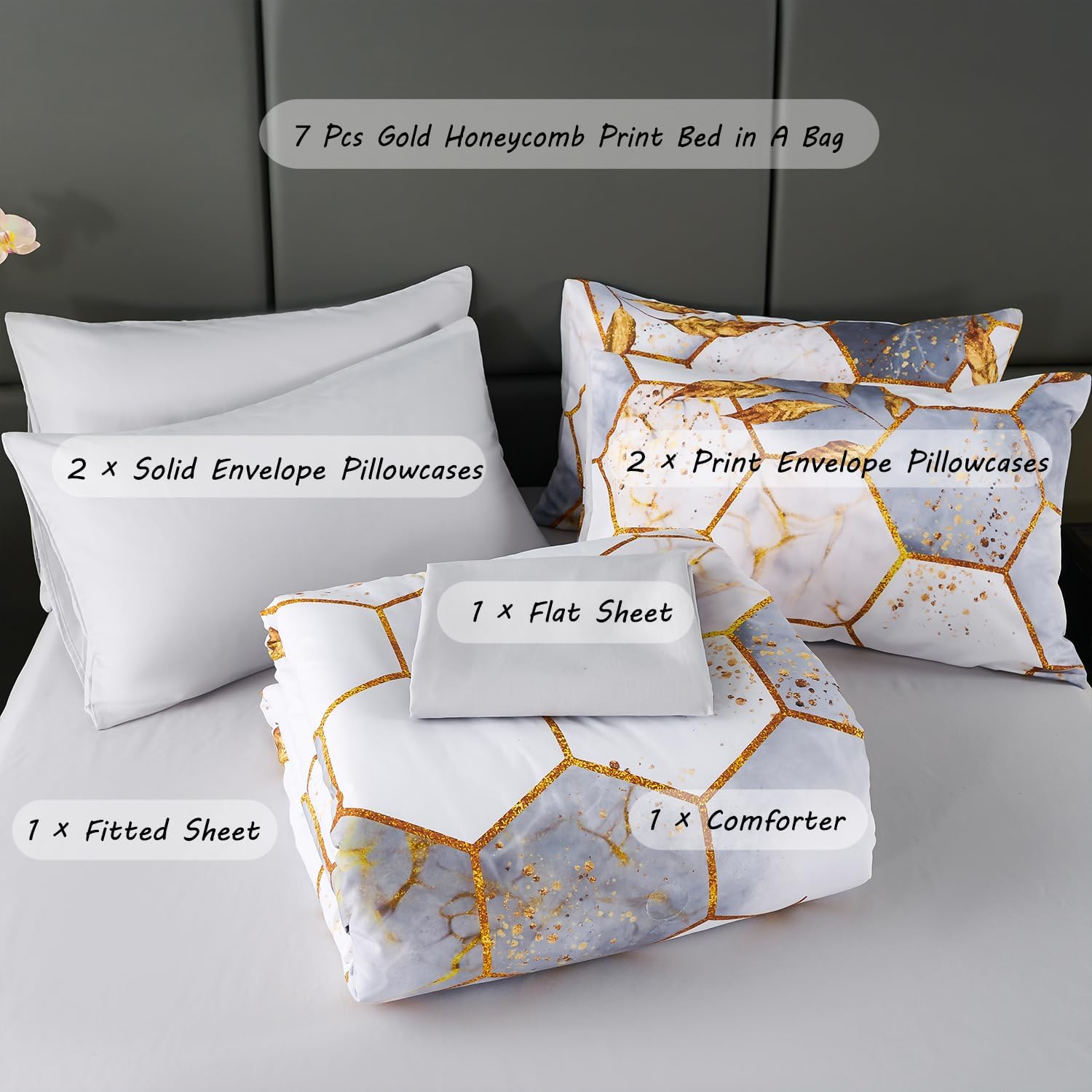 ZRNBAST Honeycomb King Comforter Set 7 Pieces White Bedding Sets Marble Hexagon Bed Set with Gold Trim Print Modern Geometric Bed in A Bag with Sheets All Season(White, King)