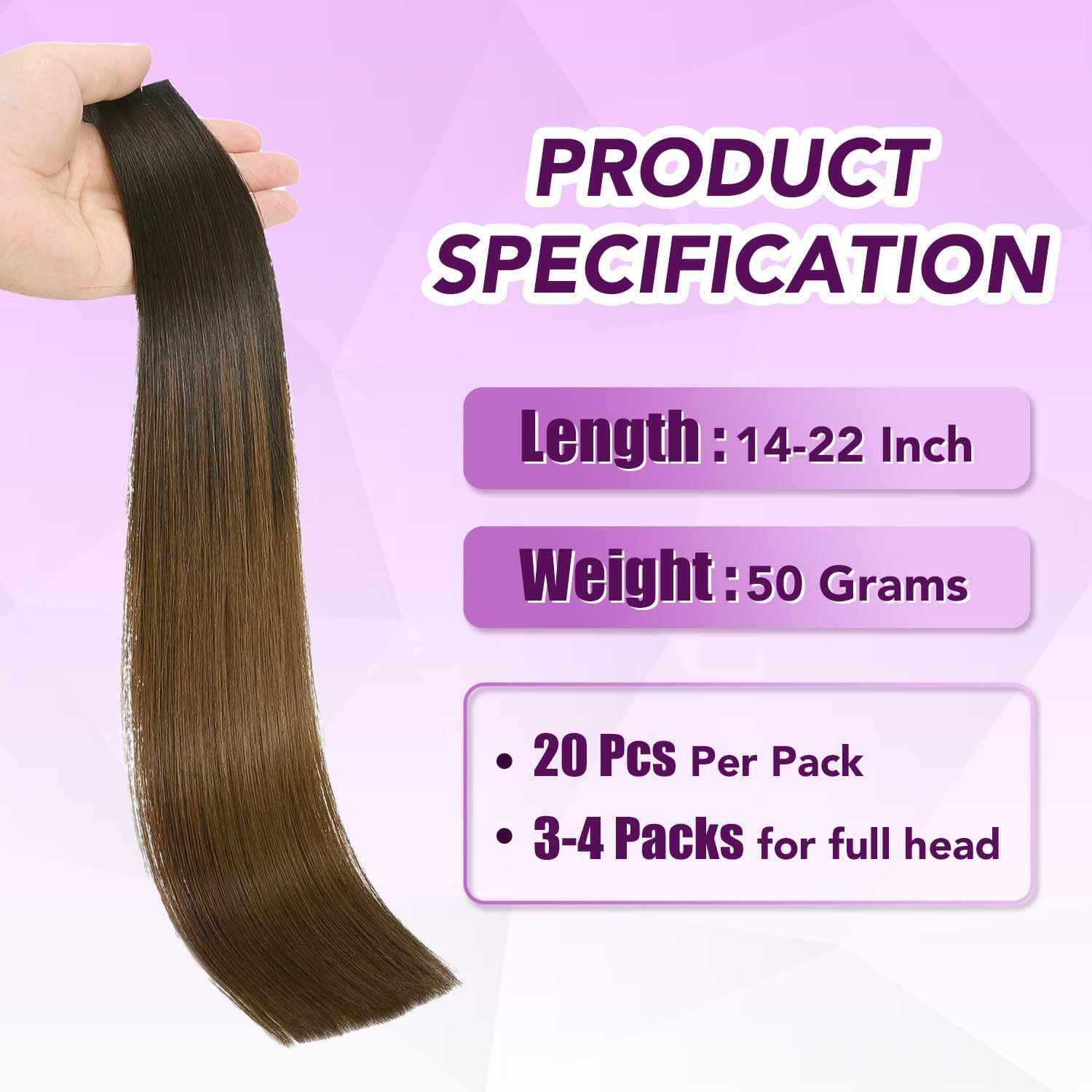 Sindra Tape Extensions Echthaar Ombre Schwarz to Dunkel Braun 50cm | Haar Extensions Echthaar Tape, 20 Stück 50g, Remy Echthaar, Unsichtbare Tape-Verbindung, Glattes Haar, 20 Zoll