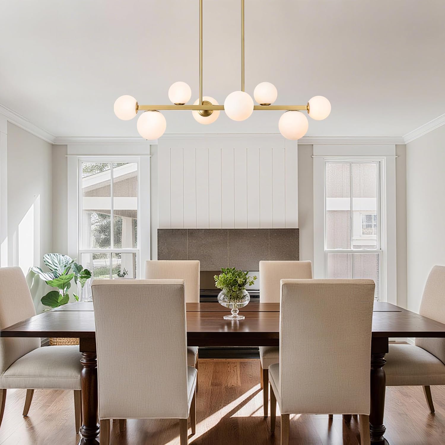 8 Lights Mid Century Modern Chandelier Gold Linear Chandelier Dining Room Light Fixtures Over Table White Glass Globe Sputnik Chandelier for Living Room Kitchen Island