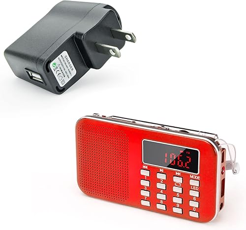 Mini radio portátil y su adaptador dedicado