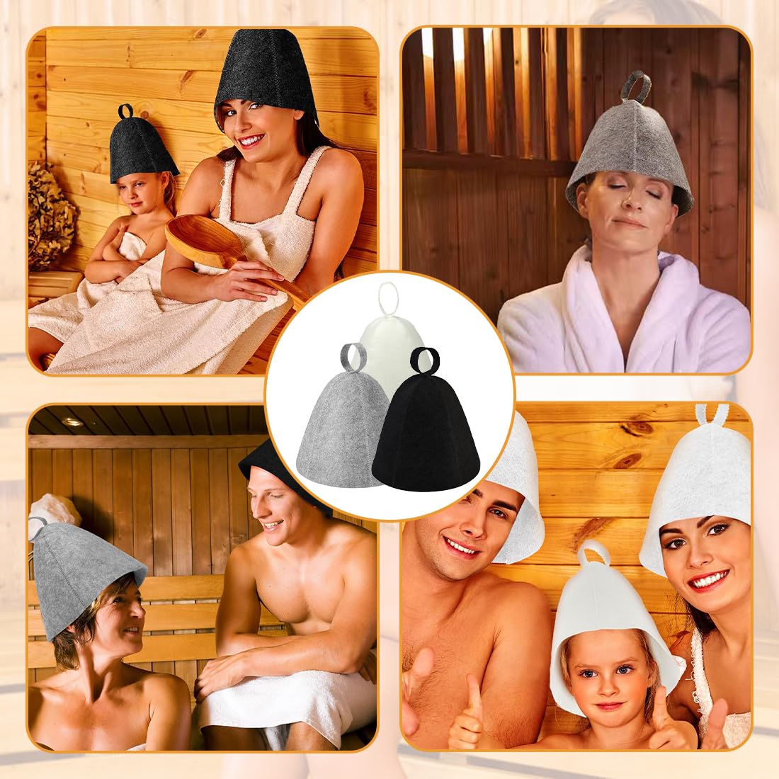 Chapeau Sauna en Feutre 3 Pièces, Bonnet Sauna 2 Pièces, Anti-Chaleur Casquette de Bain Vapeur pour Homme Femme (Gris, Noir, Blanc)