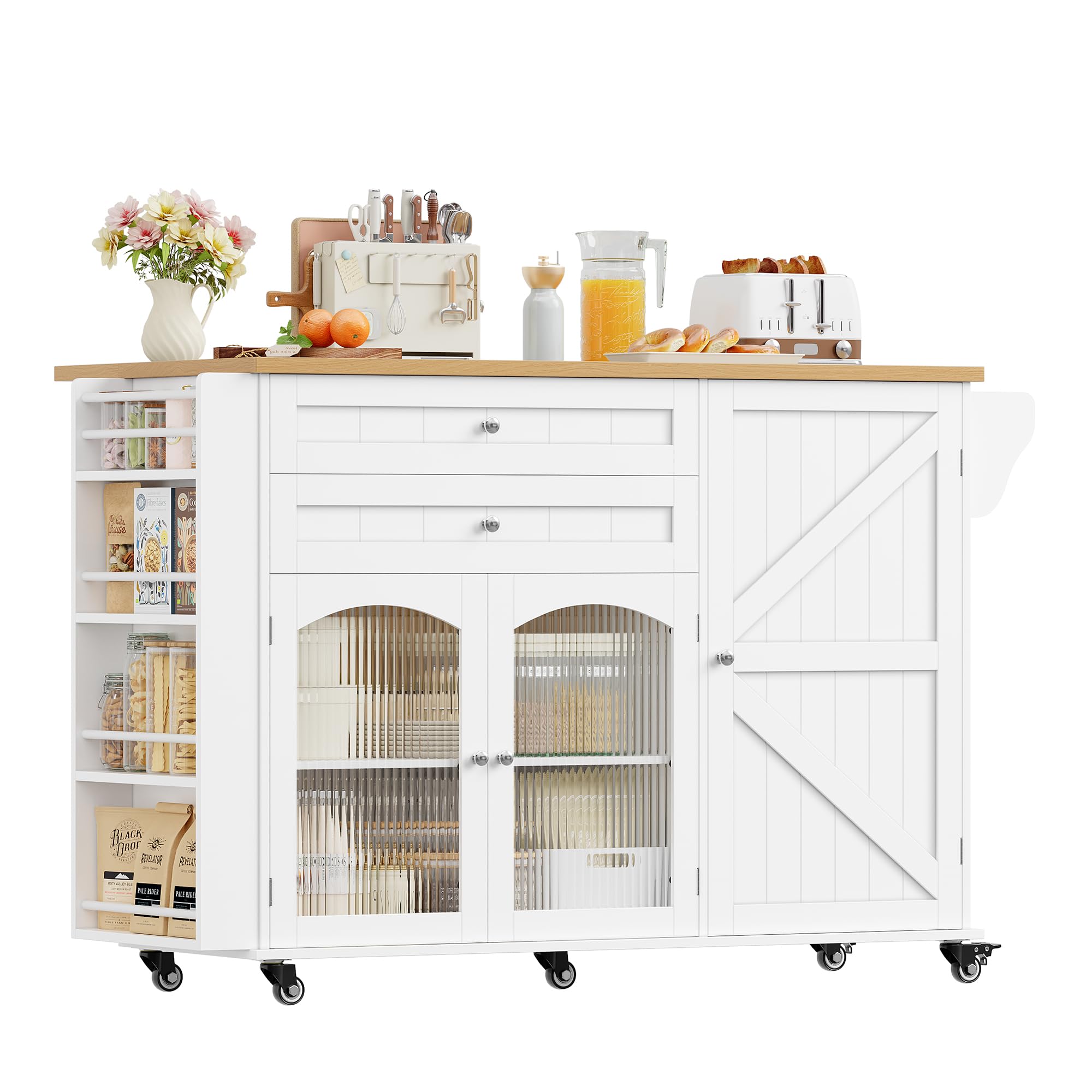 FirFurd Îlot Central Cuisine Desserte Cuisine à roulettes avec Plans de Travail Rabattable Meuble de Cuisine avec 2 Tiroirs, 3 Portes, Support à Épices, Porte-Serviette 132x40x97,5cm Blanc