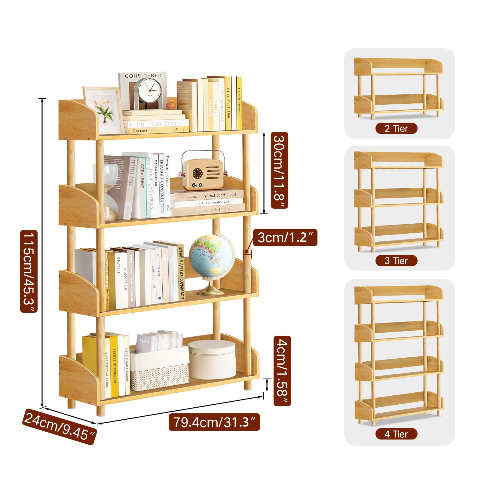 Étagère Bibliothèque 4 Niveaux, Étagère Ouverte Verticale, Meuble de Rangement Autoportant en Bois Massif pour Salon, Chambre et Chambre d’Enfant, Bois Naturel