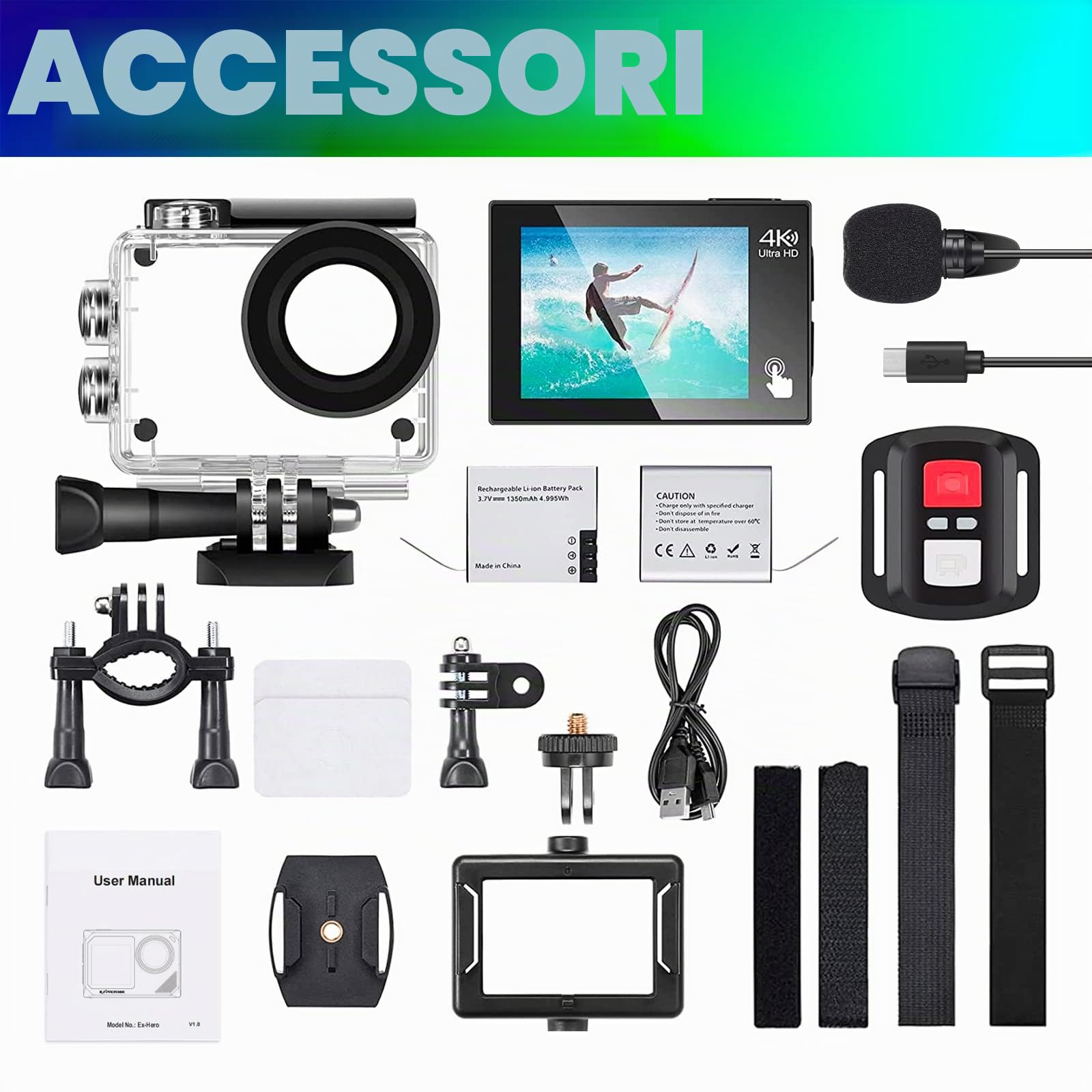 Action Cam, 20MP Action cam 4K con touch screen,angolo di visione regolabile, impermeabile fino a 40m sotto l'acqua.