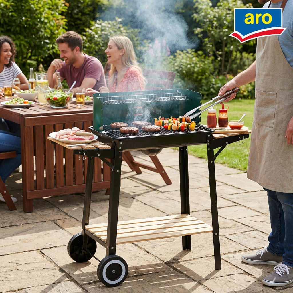 aro Holzkohle Grillwagen, Stahl/Holz, 2 Grillroste und 2 Seitenablagen, Holzgriffen, mit 2 Räder, Windschutz, grün (grün)