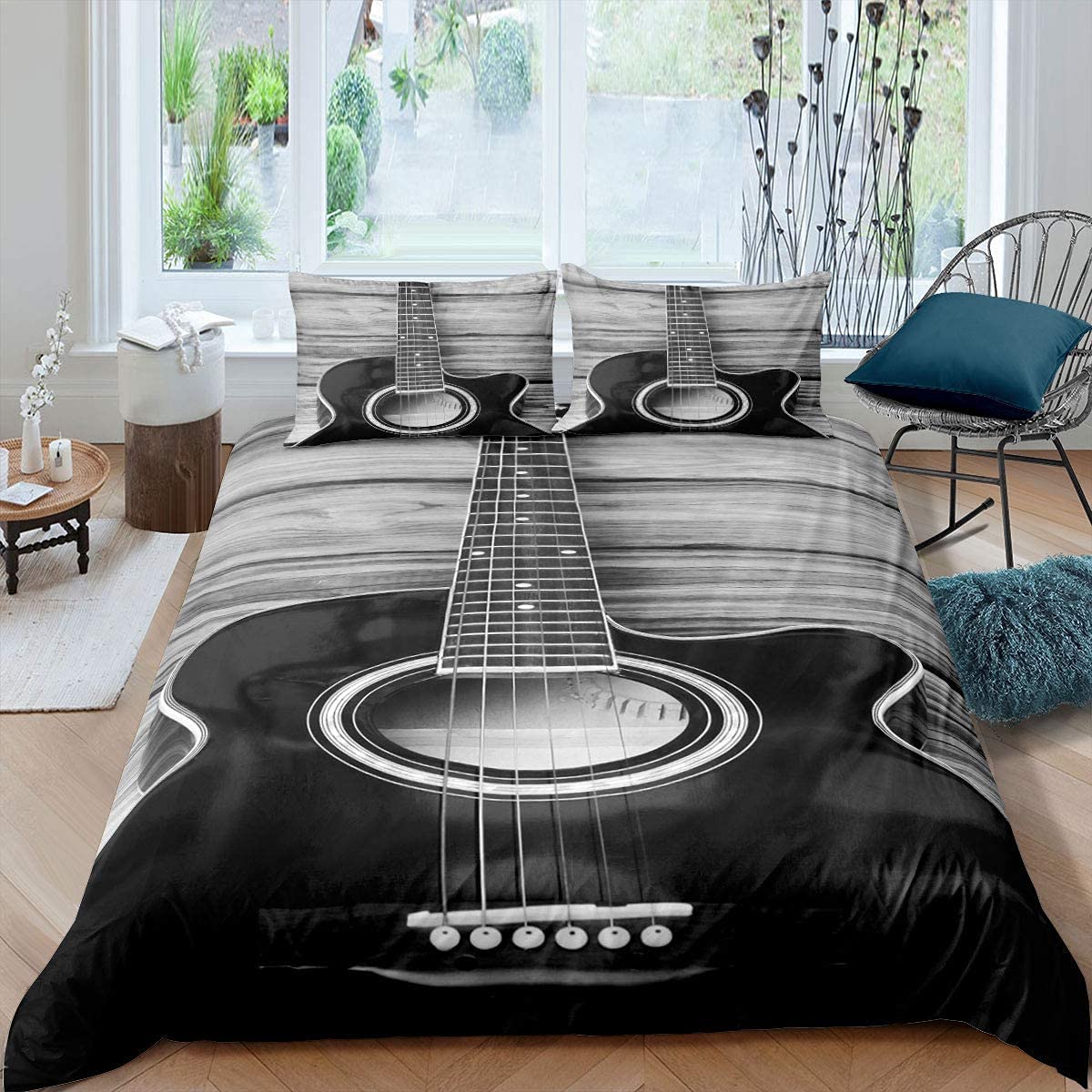 Housse de couette guitare double thème musique vintage pour lit 2 personnes