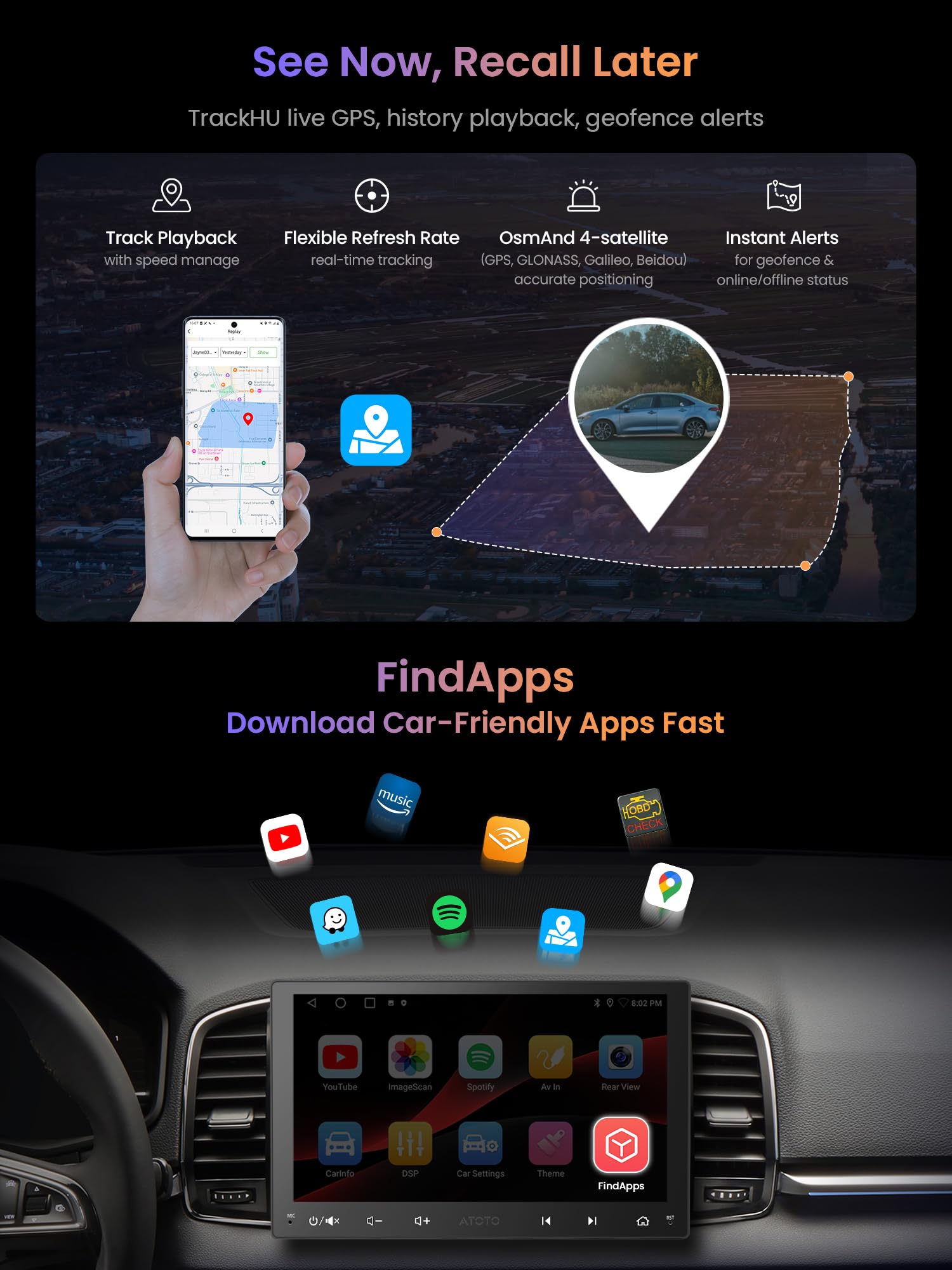 ATOTOZONE 9 pollici Android Autoradio 2 Din Android Auto CarPlay Wireless, Wi-Fi, Connessione Bluetooth IoT, Localizzazione GPS, Assistente AI  Geolocalizzato, BGSleep, EQ/DSP/RDS, Aggiornamento OTA