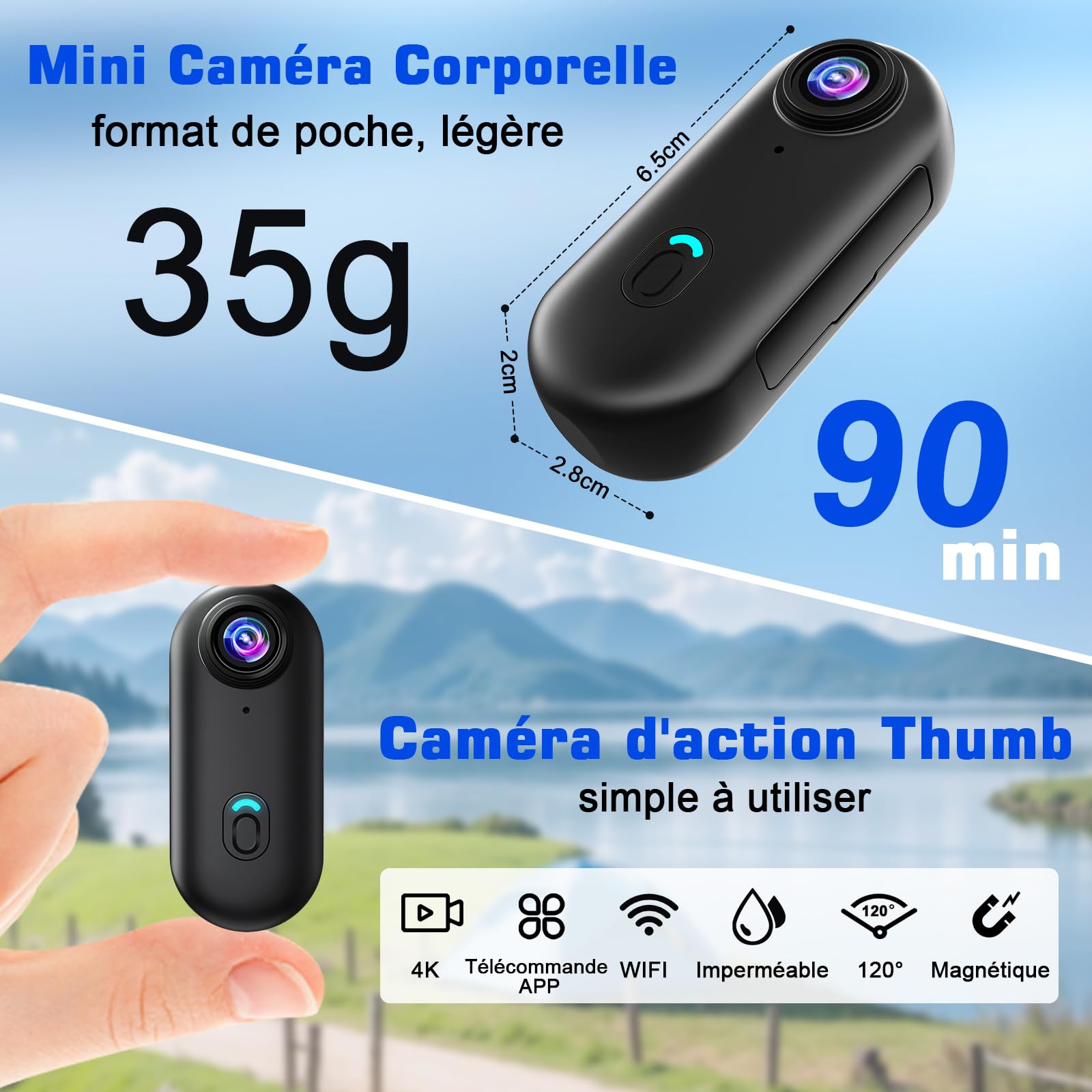 Caméra d'action WiFi 4K 120° Étanche 16 Go avec Accessoires de Fixation