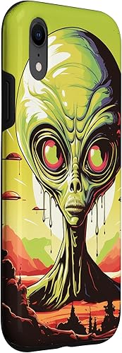 Vista 18 de iPhone 14 Pro Cute Green Alien Head UFO Space Face Alien Case