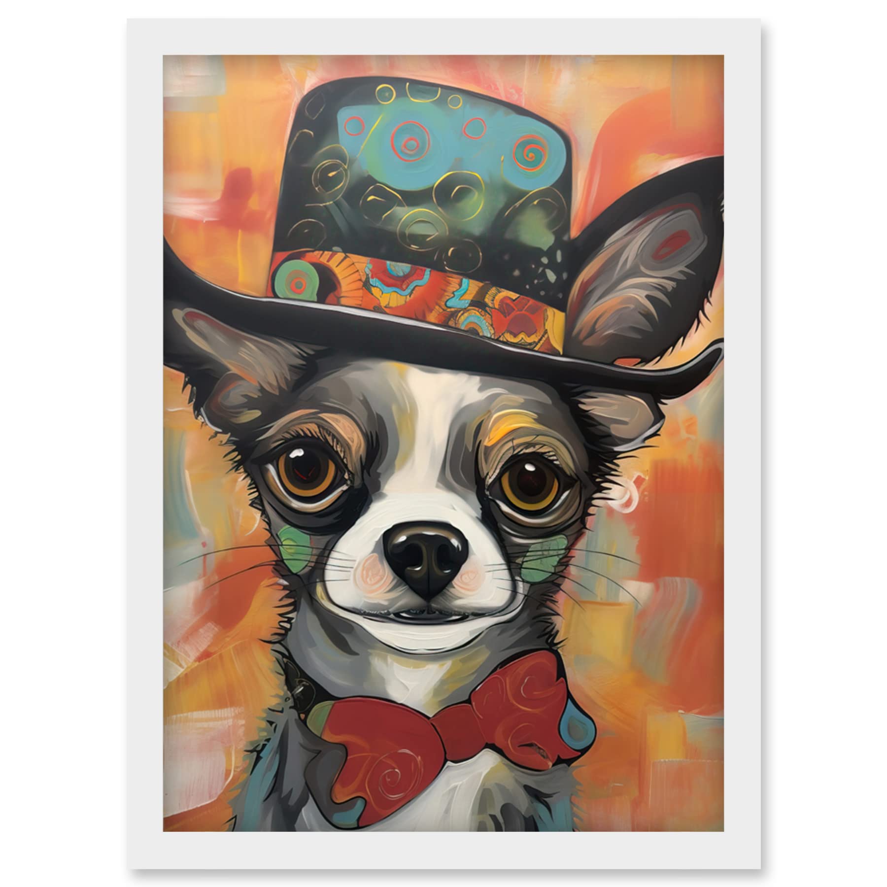 Artery8 Chihuahua Dog Top Hat and Bowtie Modern Folk Art Artwork Framed Wall Art Print A4