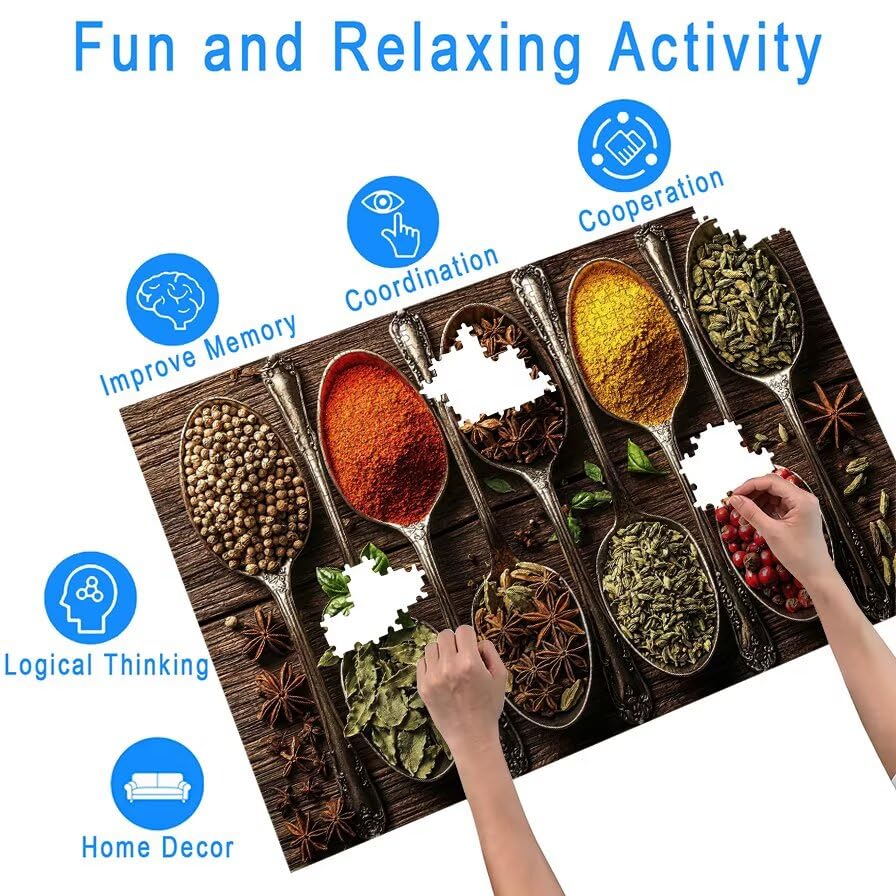 Puzzle 1500 sztuk przypraw, drewniane puzzle kuchenne dla dorosłych, rozmiar: 87 x 57 cm, puzzle 1500 sztuk dla dorosłych, rodzinne gry edukacyjne, puzzle pomysł na prezent dla kobiet, wystrój domu