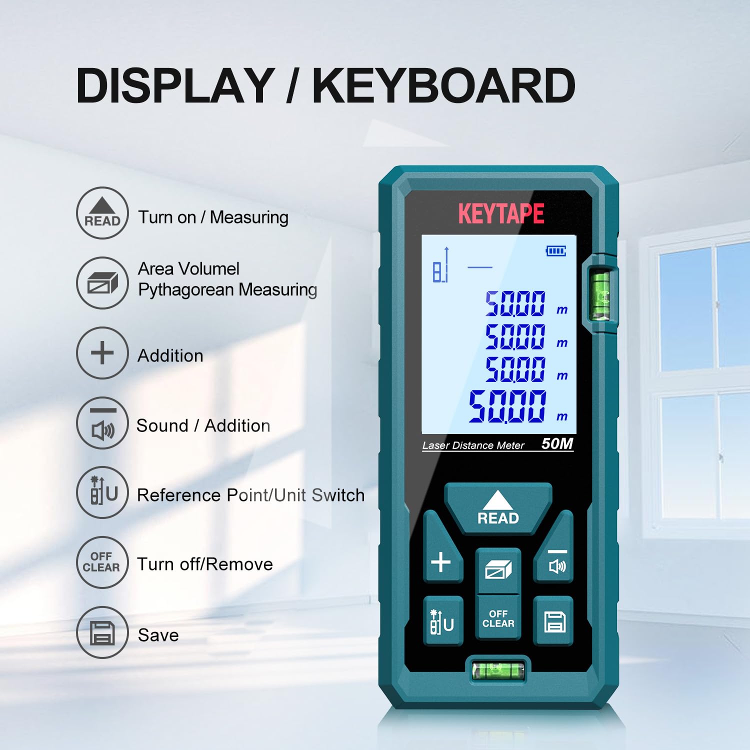 Medidor Láser, DT100 Medidor de Distancia Láser 100M / 328 pies, Medidor de Presión Portátil Herramienta de Medición de Flujo Digital, Pantalla LCD Retroiluminada más Grande de 4 Líneas IP54