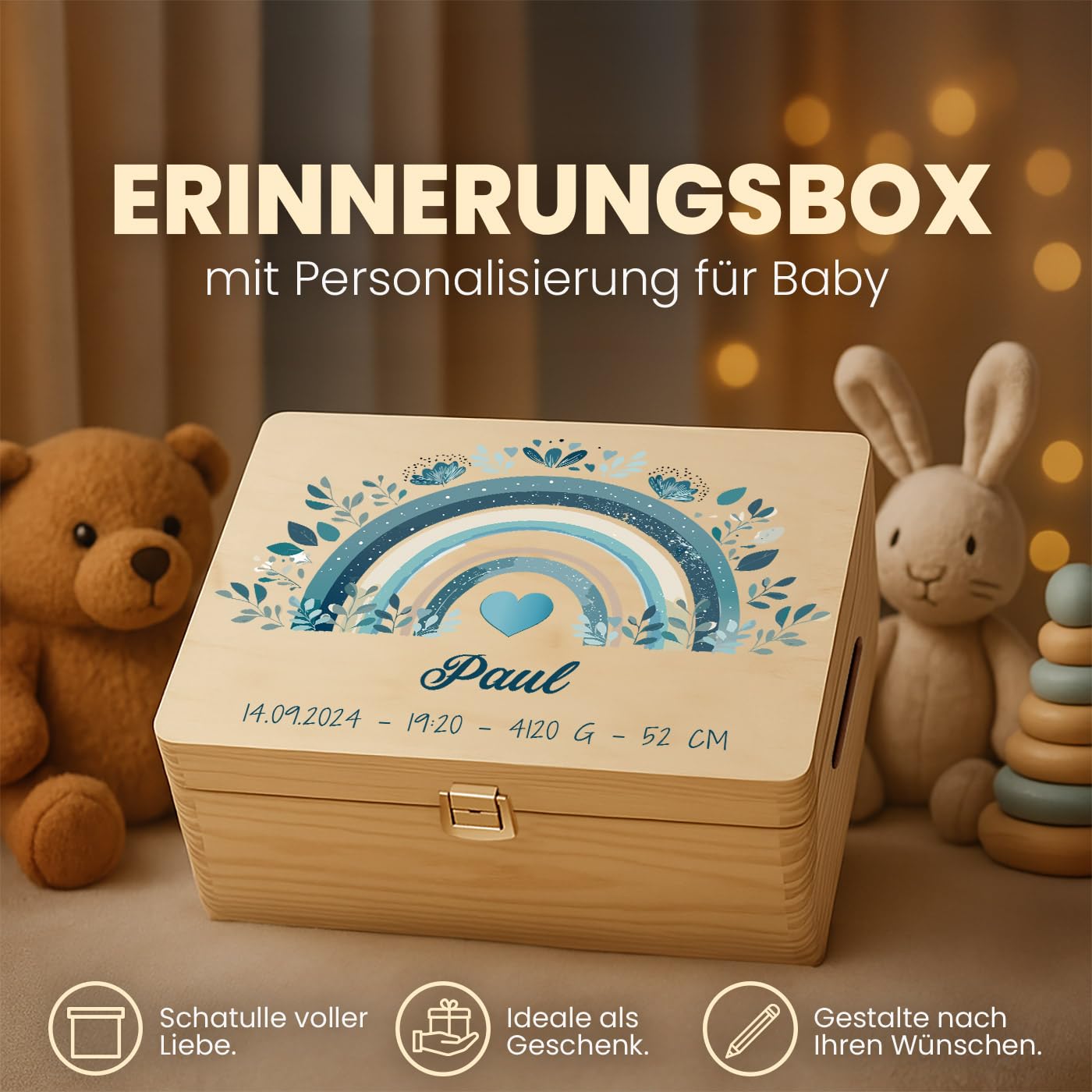 Maverton Erinnerungsbox Baby mit Namen - Aufbewahrungsbox mit Deckel - personalisierte Geschenke Baby - Geschenk für Mädchen und Jungen zur Geburt zur Taufe - aus Kiefernholz