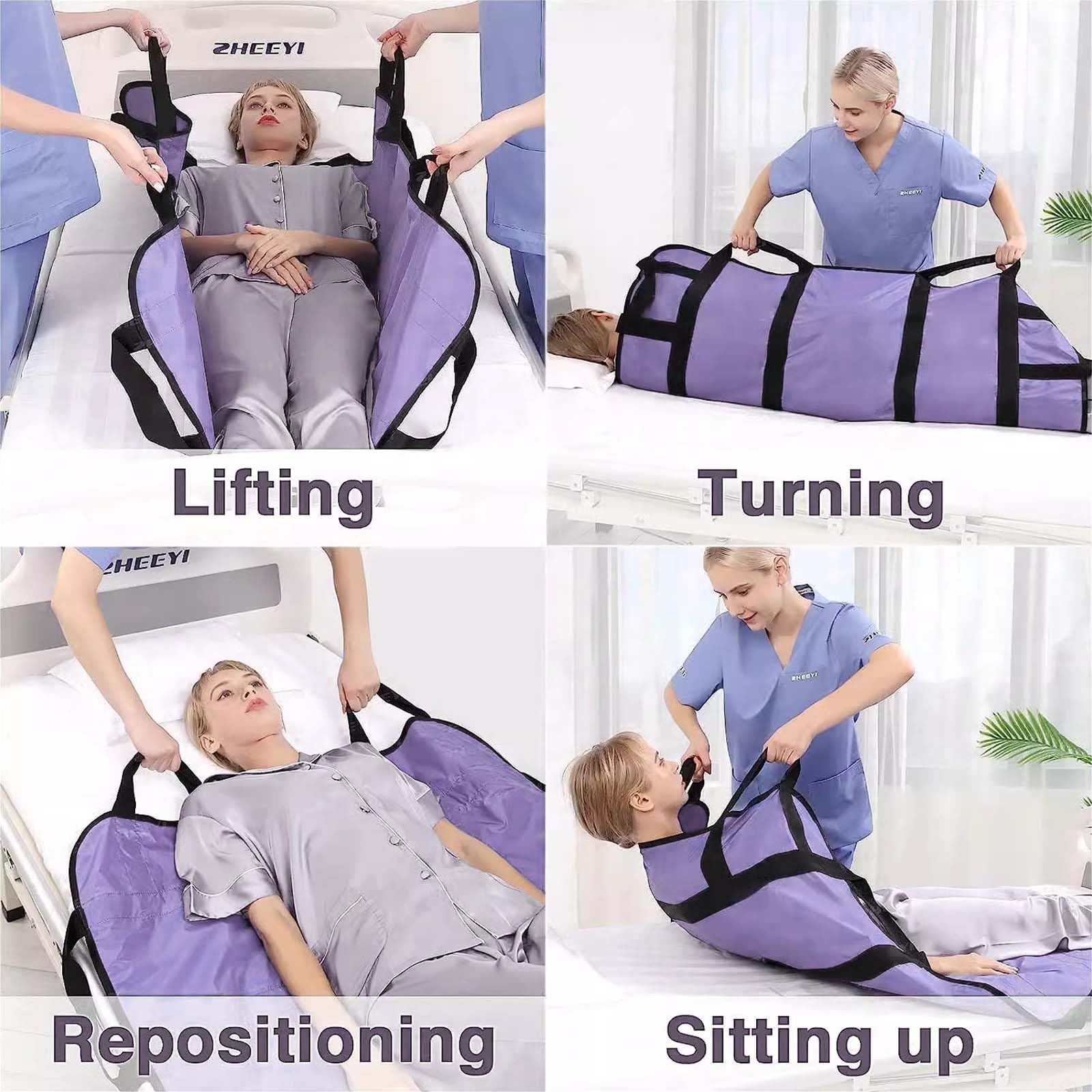 Transferboard für Patientenlifter, Gleittuch für Bettlägerige mit 8 Griffe, Patiententransferbrett 120 x 100 cm, Wiederverwendbar Gleitmatte Pflege, Gleitlaken Patienten Senioren (Lila)