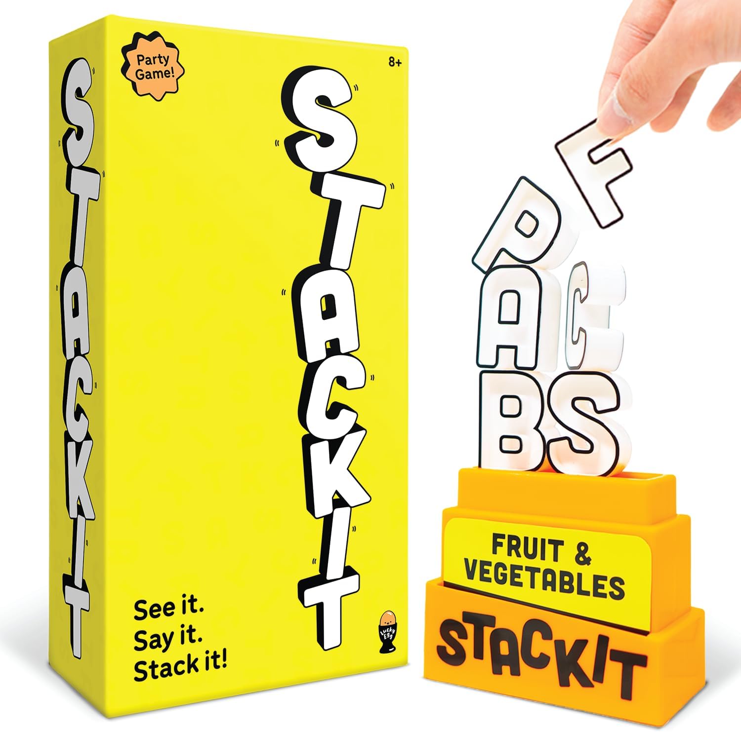 Lucky Egg Stack It – Hilarious Stacking Family Games for Kids and Adults | 160 Categories, 20 Letters, Timer & Base | Fun Party Games and Board Games for Family Night for Ages 8+ | 2-8 Players