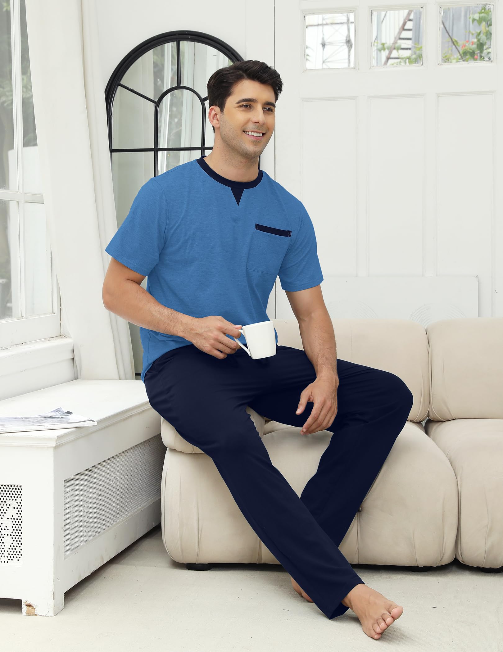 Pijama Hombre Algodon Largo Verano, Ropa de Dormir Dos Piezas, Conjunto Camiseta Manga Corta y Pantalones con Bolsillos, Ropa de Casa Suave y Cómodo S-XXL