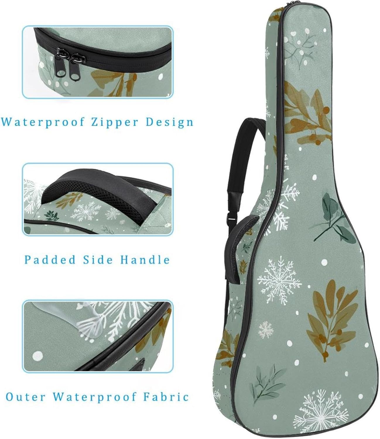 Snowflakes and Leaves Sage Green Background Acoustic Guitar Gig Bag, 1 cm Thick Padding Waterproof Guitar Bag Backpack for 40 41 42 Inch Electric Bass Classical Guitars