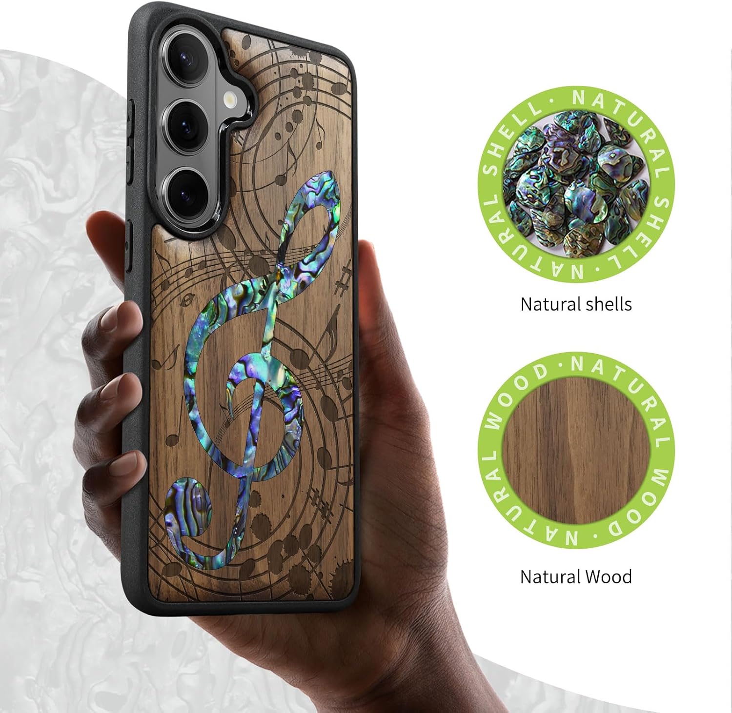 Carveit Magnetic Wooden Case for Samsung Galaxy S26 Case, Wood Artisan Engraved & Handmade Shell Inlaid, Compatible with MagSafe Wireless Chargers (Musical Note) Walnut