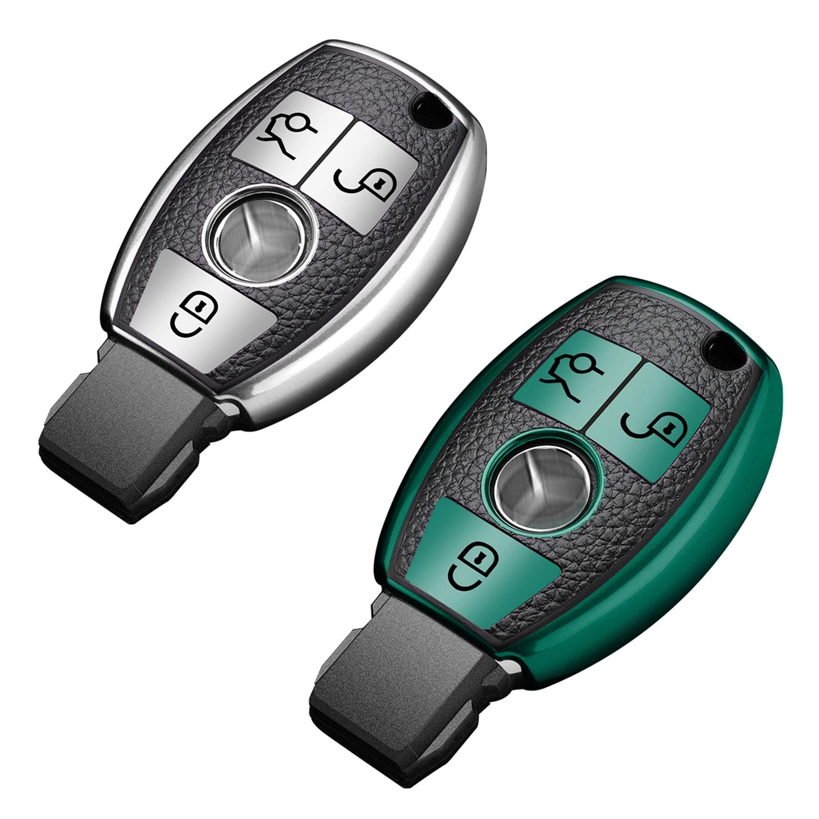 Xotic Tech 2X Silver + Green TPU Grainy Leather Texture Key Fob Shell Cover Case, Compatible with Mercedes Benz A B C E S G M V Class CLA CLS GLA GLC W164 W204 3-Button Smart Keyless Entry Key